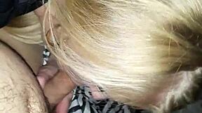 A blonde amateur with big tits performs deepthroat blowjob and rides a small cock in homemade scene