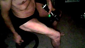 i use percussion massager on my thigh in underwear on stool in briefs