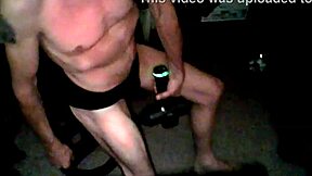 i use percussion massager on my thigh in underwear on stool in briefs