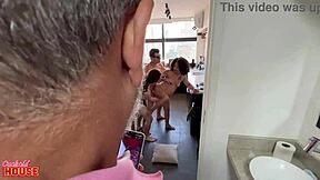 Mature Woman Gets Bent Over for Blowjob in Bath with Two Guys. Husband Watches Closely.