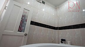 I watch the naked maid clean toilet without panties, her curvy body adorable