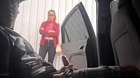 Risky street handjob for bus stop student.