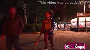 astounding harley quinn cosplayer seduces random guys in the street, bent over in doggystyle.