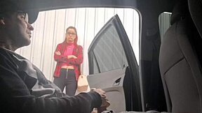 Risky street handjob for bus stop student.