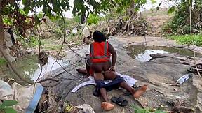 Worshiping a huge fat ass outdoors. Homemade action with big tits bouncing in the open air.