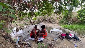 Worshiping a huge fat ass outdoors. Homemade action with big tits bouncing in the open air.