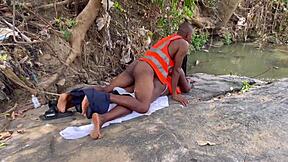 Worshiping a huge fat ass outdoors. Homemade action with big tits bouncing in the open air.