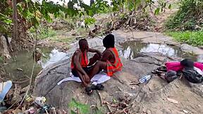 Worshiping a huge fat ass outdoors. Homemade action with big tits bouncing in the open air.