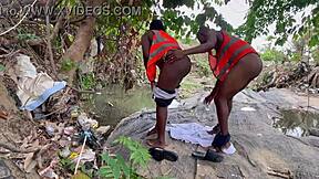 Worshiping a huge fat ass outdoors. Homemade action with big tits bouncing in the open air.