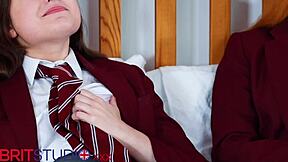 two british students race to climax in uniforms with big tits flashing