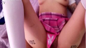 Creampie dripping with thong pushed aside under tight miniskirt