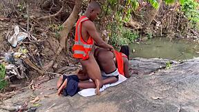 Worshiping a huge fat ass outdoors. Homemade action with big tits bouncing in the open air.