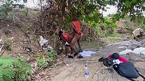 Worshiping a huge fat ass outdoors. Homemade action with big tits bouncing in the open air.