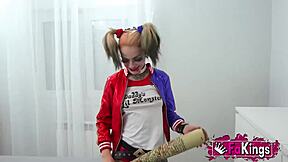 astounding harley quinn cosplayer seduces random guys in the street, bent over in doggystyle.
