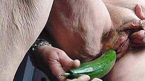 Old Granny Fills Hairy Hole with Cucumber