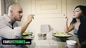 perfect assed coed sneaks under desk to suck stepdad's cock while stepmom watches