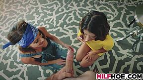 Stepmom Teaches 3some Tricks with Young Teen and Old Cock