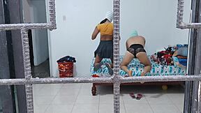 Latina and Ebony Housewives Groping Tits and Asses While Doing Housework, Flashing Brunette Bodies