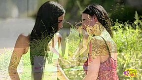oh man, these brunette lesbians are fingering each other so hot outdoors
