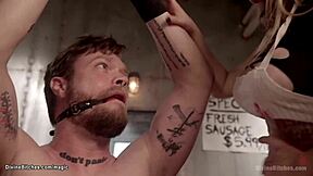 Huge tits butcher fucks bound man roughly in bondage!