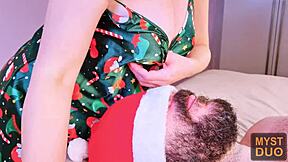 Wife gets nipple orgasm in homemade christmas scene
