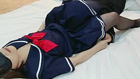 Blindfolded Cute Schoolgirl in Uniform Gets Pantyhose Sex and Creampie!