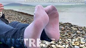Beautiful Nylon Feet In Jeans Outdoor Compilation