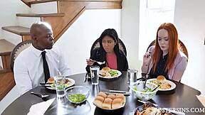 Black foster stepdad disciplines Asian Ember Snow with Summer Hart