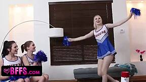 cheerleaders share party fun with coach