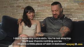 Inked Guy Pokes Brunette's Shaved Pussy With Tongue