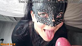 amateur milf millie fox swallows huge cum load after intense blowjob, contrasting her housewife look