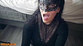 amateur milf millie fox swallows huge cum load after intense blowjob, contrasting her housewife look