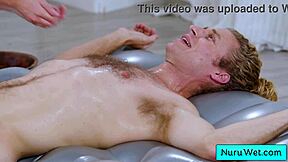 sexy brunette masseuse performs nuru massage and wet handjob on michael vegas's monster cock, contrasting her teen innocence with horny actions