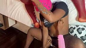 stepmom asks, 'want to lick my pussy?' in lesbian threesome with strapon.