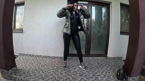 i got a lot of cum on my shiny down-jacket from the gardener after taboo licking