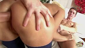 Blonde in heels endures rough anal and deepthroat double penetration ending in cum facial