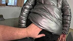 i got a lot of cum on my shiny down-jacket from the gardener after taboo licking