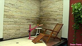 Blonde shemale Luana Pacheco masturbates while machine fucks her ass.