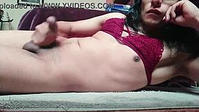 Femboy cums in lingerie