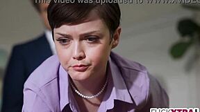 small secretary shyly kissed by new boss at work