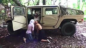 Sexy brunette teen undresses for outdoor threesome