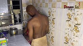 Ebony lovers fuck in kitchen with monster cock