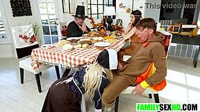 Step family Thanksgiving turns into taboo 4some with teen and milf