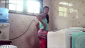 Jade teases neighbor while washing clothes, he cums inside in laundry