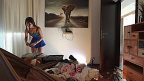 beautiful girl in blue miniskirt and panties looks stunning