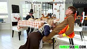 Step family Thanksgiving turns into taboo 4some with teen and milf