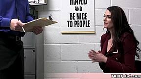 Elegant brunette caught shoplifting gets rough