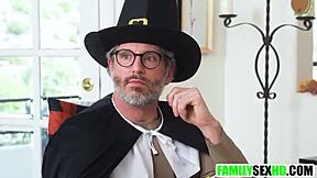 Step family Thanksgiving turns into taboo 4some with teen and milf