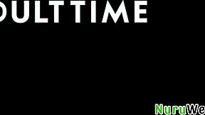 two naughty girls share in nuru massage threesome