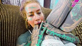 Sexy Fishnets and High Heels Babe in Solo Anal Play with XL Dildo. Tattooed Slut Spreads Wide for Deep Action.